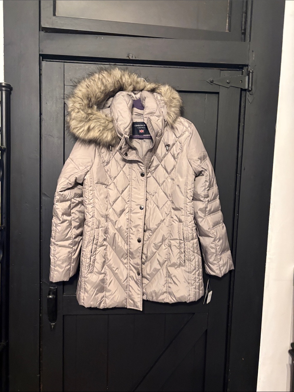 London Fog Quilted Hooded Puffer Coat in Taupe with Faux Fur Trim